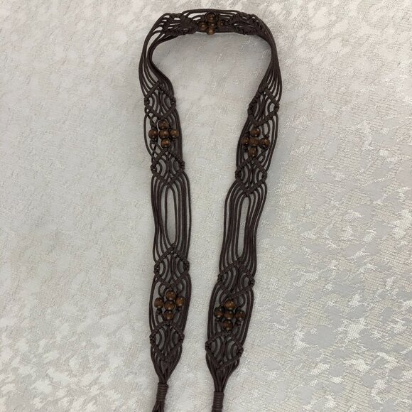 Macrame Brown Bohemian 54” Knotted Cord Belt with Brown Beads and End Tassels - Picture 3 of 8